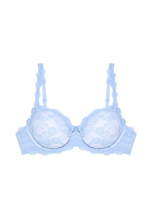 Hellblauer Spitzen-Balconette-BH mit floralem Muster, verstellbaren Trägern und kleiner Schleifendetail in der Mitte.