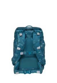 Sac à dos teal avec un motif géométrique, rembourrage en maille au dos, bretelles ajustables et boucles en plastique pour un ajustement sécurisé.
