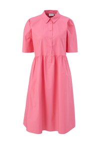 Vestito rosa a maniche corte con colletto, chiusura frontale con bottoni e vita arricciata. Realizzato in tessuto leggero, presenta una texture liscia e una silhouette semplice.