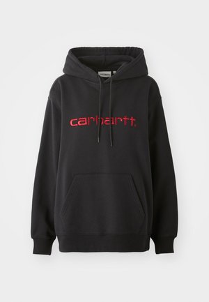 Felpa nera in misto cotone, con tasca frontale, polsini a costine e logo "carhartt" ricamato in rosso sul petto.