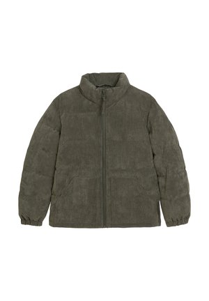Olivengrüne, mit Reißverschluss verschlossene Steppjacke mit hohem Kragen, elastischen Bündchen und zwei Seitentaschen; aus weichem, strukturiertem Material gefertigt.