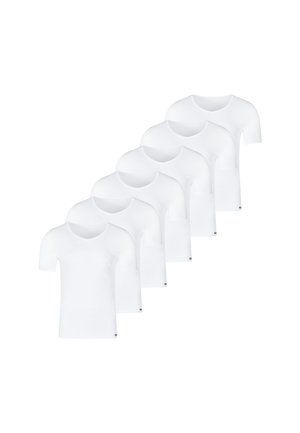 Sechs schlichte weiße T-Shirts mit kurzen Ärmeln, rundem Halsausschnitt und einer glatten Baumwollstruktur, die ein einheitliches Erscheinungsbild zeigen.