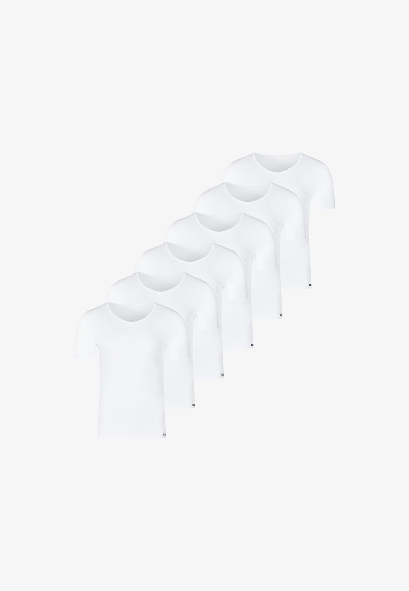 Six plain white t-shirts with short sleeves, a round neck design, and a smooth cotton texture, displaying a uniform appearance.