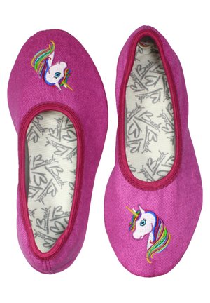 Rosa Stoff-Slipper mit gestickten Einhörnern auf der Schuhspitze. Abgerundete Form mit strukturiertem Finish und elastischem Rand.