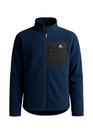 Blauwe fleece jas met hoge kraag, volledige rits en een zwarte ritszak op de borst. Heeft een gestructureerde stof en een logo op de zak.