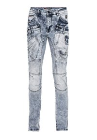 Verblasste blaue Jeans aus Denim mit mehreren Taschen, detaillierter Nahtführung und schmalem Schnitt. Verfügt über verschiedene Texturen und Oberflächen auf dem Stoff.