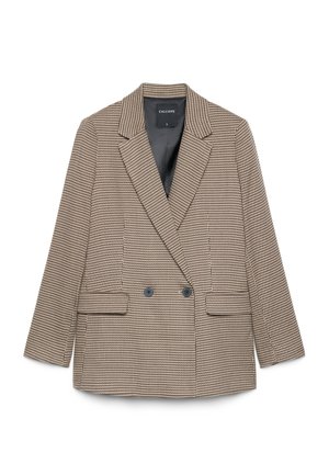 Blazer croisé marron et beige à motif pied-de-poule avec revers crantés et deux poches à rabat à l'avant, étiqueté taille small.