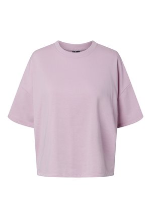 Tricou cropt cu mâneci scurte oversize, culoarea liliac, cu gât rotund și umeri căzuți, pe un fundal alb.
