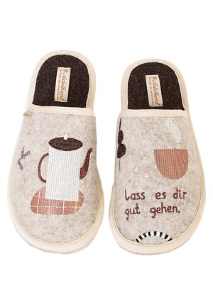 Felt slippers in light gray with a beige trim. Features coffee pot, cup illustrations, and the text "lass es dir gut gehen" in brown.