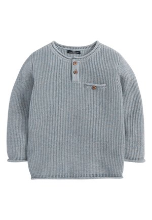 Jasnoszary dzianinowy sweter z długim rękawem, z okrągłym dekoltem, dwoma drewnianymi guzikami na piersi oraz małą kieszonką z guzikiem z przodu.
