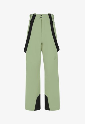 Světlé zelené lyžařské kalhoty s černými akcenty, nastavitelné kšandy, dva přední knoflíky a rovný střih. Obsahují voděodolný materiál.
