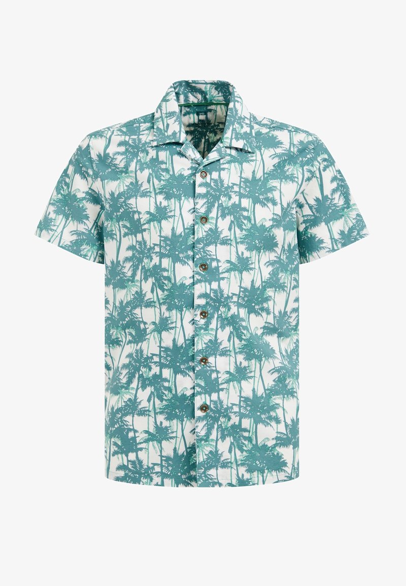 Chemise à manches courtes blanche avec un motif de palmier teal. Dotée d'un col échancré et de boutons marron sur le devant. Fabriquée en tissu léger.