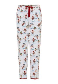 Katoenen pyjamabroek met een witte achtergrond, bedekt met een overal print van sneeuwmannen en kinderen, rode accenten en een tailleband met koord.