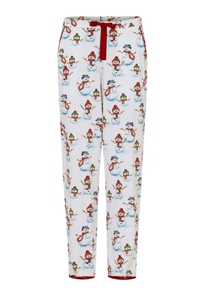Katoenen pyjamabroek met een witte achtergrond, bedekt met een overal print van sneeuwmannen en kinderen, rode accenten en een tailleband met koord.