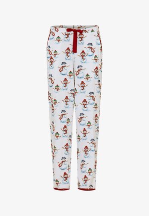 Katoenen pyjamabroek met een witte achtergrond, bedekt met een overal print van sneeuwmannen en kinderen, rode accenten en een tailleband met koord.