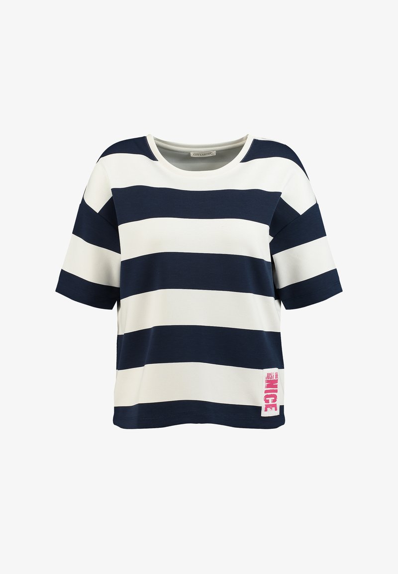 Camiseta de rayas horizontales en azul marino y blanco, de manga corta, con cuello redondo y una pequeña etiqueta rosa en la parte inferior delantera.