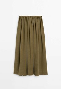Olijfgroene, middellange rok van lichtgewicht stof, met een gathered elastische tailleband en een gladde oppervlaktetextuur.