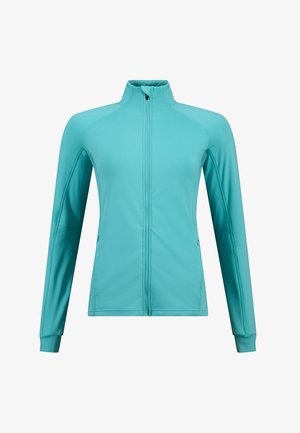 Zielona bluza zapinana na zamek, wykonana z gładkiego, elastycznego materiału. Posiada wysoki kołnierz, długie rękawy oraz boczne kieszenie. Czysty, minimalistyczny design.