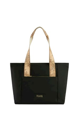 Borsa tote nera con due manici beige a motivo, dotata di una zip dorata e di un logo sul fronte. Materiale liscio con forma strutturata.