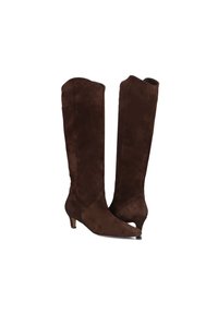 Stivali alti fino al ginocchio in suede marrone con punta affusolata e tacco basso. Texture liscia e linee pulite, senza hardware o decorazioni visibili.