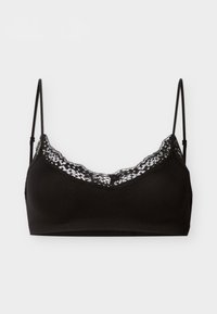 Μαύρο σουτιέν bralette με δαντέλα κατά μήκος του ντεκολτέ και λεπτές ρυθμιζόμενες τιράντες ώμου σε απλό φόντο.