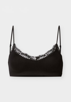 Μαύρο σουτιέν bralette με δαντέλα κατά μήκος του ντεκολτέ και λεπτές ρυθμιζόμενες τιράντες ώμου σε απλό φόντο.