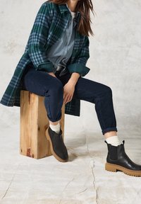 Rutigt grönt och blått jacka över en ljusblå skjorta, kombinerat med marinblå byxor och svarta ankelstövlar med strukturerad sula, sittande på trä.