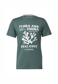 Zelené bavlněné tričko s bílou grafikou korálu a textem "Flora a fauna Seal Cove Kalifornie" v různých písmenech. Krátké rukávy, kulatý výstřih.