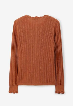 Pull en tricot côtelé à manches longues de couleur rouille, avec un délicat motif à œillets et des poignets à volants, sur fond blanc.