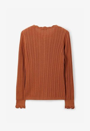 Pull en tricot côtelé à manches longues de couleur rouille, avec un délicat motif à œillets et des poignets à volants, sur fond blanc.