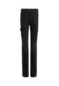 Pantalon cargo en denim noir avec une coupe droite, cinq poches et des détails de couture visibles. Le tissu présente une texture classique de denim.