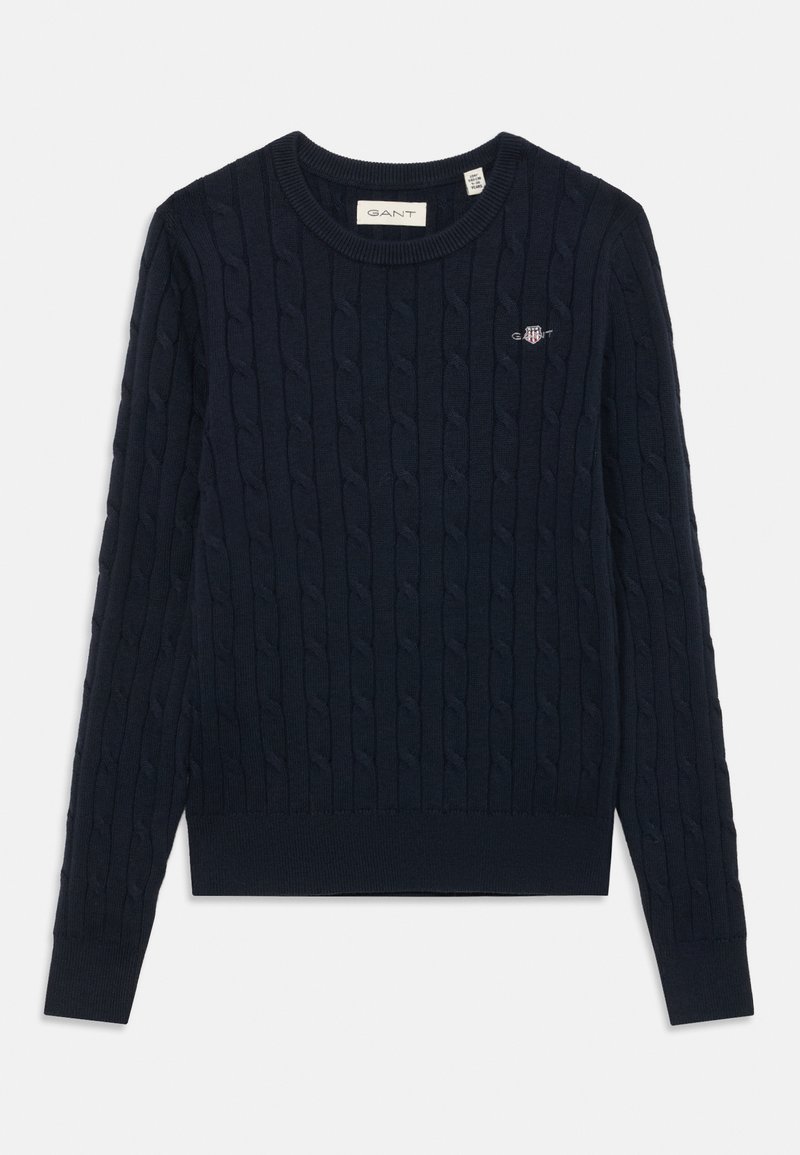 Sweater de malha azul marinho com padrão de cabos, decote redondo e punhos e bainha canelados. Apresenta um pequeno logótipo no lado esquerdo do peito.