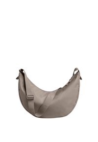 Borsa hobo in tessuto taupe chiaro, con silhouette curva, tracolla regolabile e una texture liscia e morbida.