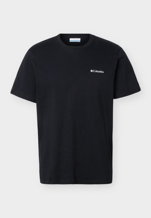 Μαύρο μπλουζάκι με κοντά μανίκια και στρογγυλή λαιμόκοψη, με μικρό λευκό λογότυπο Columbia στο αριστερό στήθος, εμφανιζόμενο σε απλό λευκό φόντο.