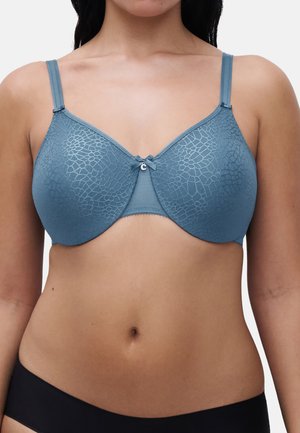 Blue bra made of textured lace and smooth fabric, featuring a central bow accent and adjustable straps, with underwire support.