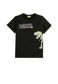 Schwarzes Baumwoll-T-Shirt mit einem T-Rex-Graphic in hellgrün und dem Text "ROARRRR!" in fetten weißen Buchstaben auf der Vorderseite.