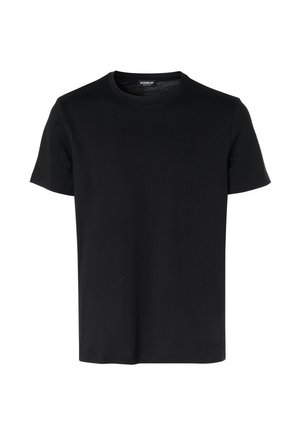 T-shirt noir à manches courtes en coton lisse. Présente un col rond et un logo brodé discret sur la poitrine.