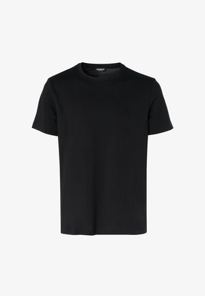 T-shirt nera a maniche corte realizzata in morbido tessuto di cotone. Presenta un colletto rotondo e un logo ricamato discreto sul petto.