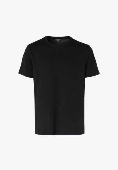 T-shirt nera a maniche corte realizzata in morbido tessuto di cotone. Presenta un colletto rotondo e un logo ricamato discreto sul petto.