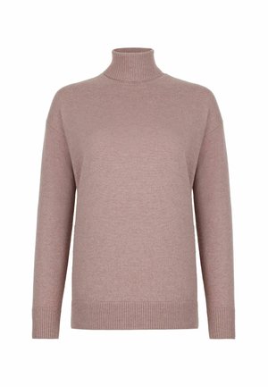 Lila polokrage tröja med långa ärmar, ribbad krage, ärmar och fåll, visad på en plain vit bakgrund.