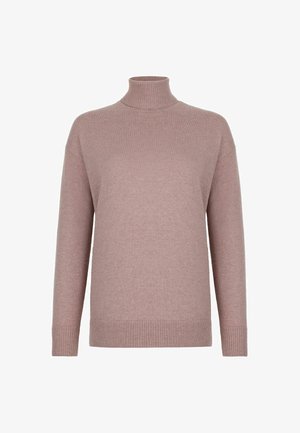 Lilla turtleneck sweater med lange ærmer, ribbet hals, manchetter og kant, præsenteret på en ensfarvet hvid baggrund.
