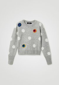 Pull en maille grise avec de grands pois blancs, ornements de broderie colorés en rouge, bleu et jaune. Poignets et ourlet côtelés.