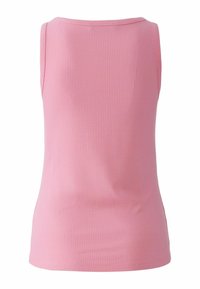 Pink ribbed tank top featuring a round neckline and sleeveless design, with a fitted silhouette and smooth texture.