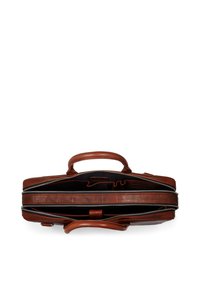 Braune Leder-Laptoptasche mit zwei Reißverschlüssen, aufrechter Form und einem oberen Griff. Innen mit dunkler Fütterung und Taschen zur Organisation.