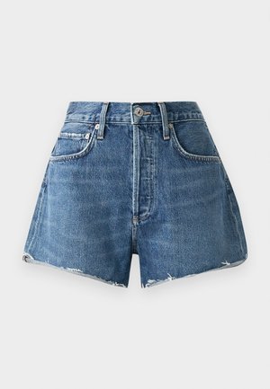 Shorts en denim taille haute de couleur bleu clair, avec un ourlet effiloché, cinq poches et fermeture à bouton en métal. Fabriqués en matériau en coton robuste.