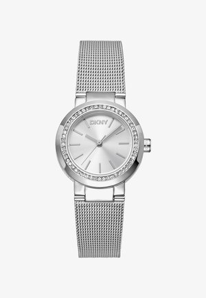 Orologio DKNY argento con cinturino a rete, quadrante rotondo, dial argento, marcatori delle ore lineari, lunetta decorata con cristalli. Design minimalista.