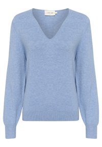 Light blue sweater made from soft fabric, featuring a V-neckline, long sleeves, and ribbed cuffs and hem. No patterns or hardware visible.