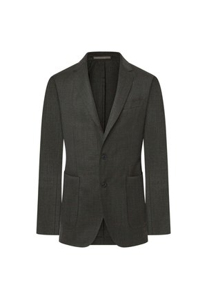 Blazer gris foncé en tissu texturé, doté d'une fermeture à deux boutons, de revers crantés et de deux poches avant. Design classique et ajusté.