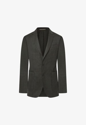 Blazer gris oscuro hecho de tela texturizada, con cierre de dos botones, solapas de muesca y dos bolsillos frontales. Diseño clásico y ajustado.