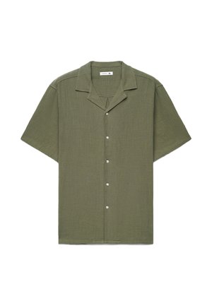Camicia verde oliva a maniche corte con bottoni, colletto a camicia e tessuto strutturato, taglia XL.